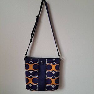 Coach Signature Logo Linear Monogram Shoulder Bag Navy Blue Orange Cream